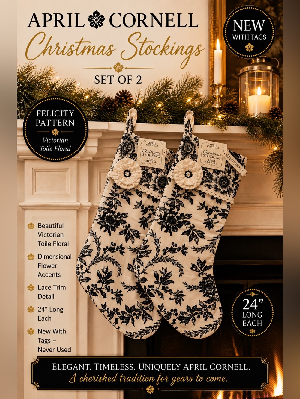 April Cornell Felicity Toile Christmas Stockings NWT Set of 2 Black Ivory